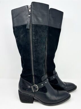 Born Alize Knee High Riding Boots Black Double Zip Studded Buckle Size 10